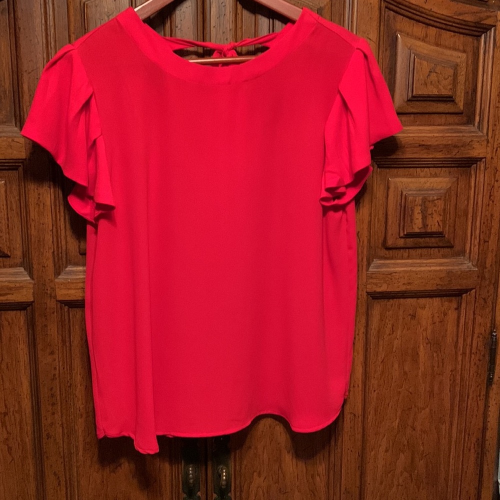 Loft red ruffle short sleeve blouse top M